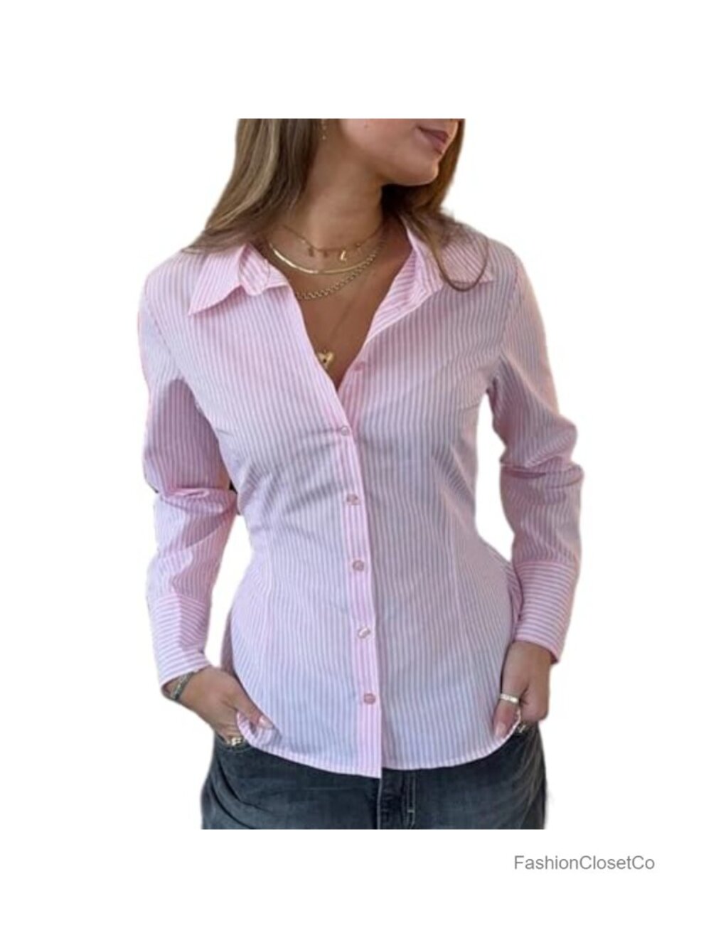 Women Button Down Striped V Neck Flared Long Sleeve Slim Fit Casual Blouse